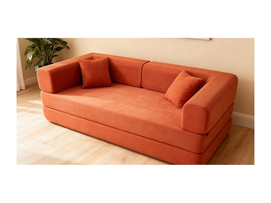 Canapé convertible avec oreiller cylindrique canapé-lit pliant velours côtelé cadre fixe pour salon chambre à coucher studio orange rouge