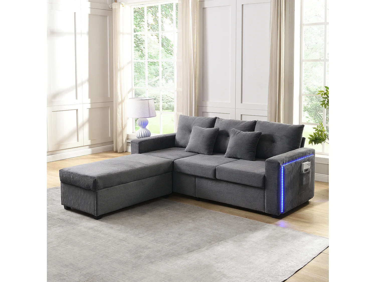 Combinaison de canapé moderne 184x84.5x85.5cm - avec repose-pieds amovible et éclairage LED - avec poches latérales - combinaison libre - Gris