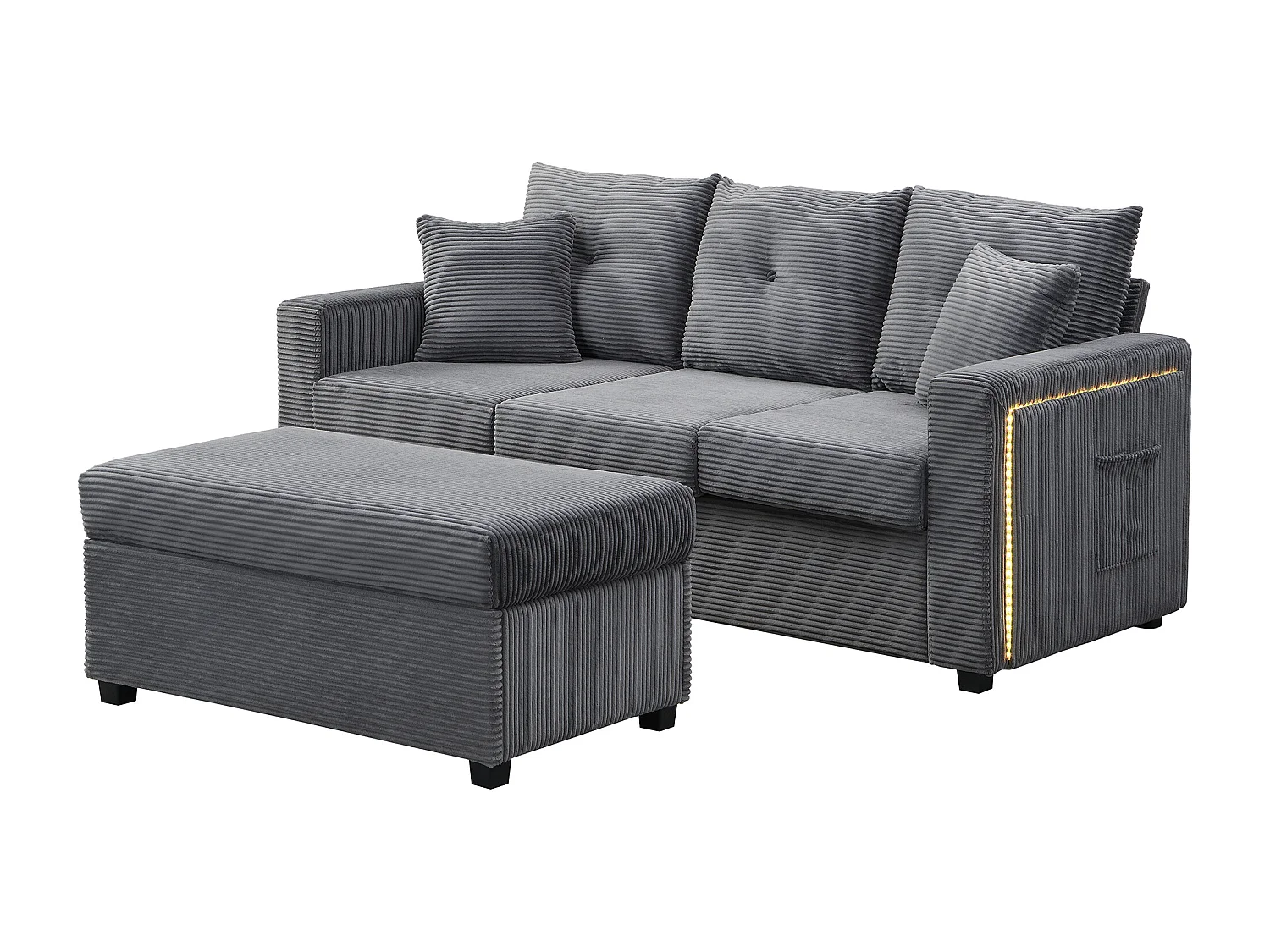 Combinaison de canapé moderne 184x84.5x85.5cm - avec repose-pieds amovible et éclairage LED - avec poches latérales - combinaison libre - Gris