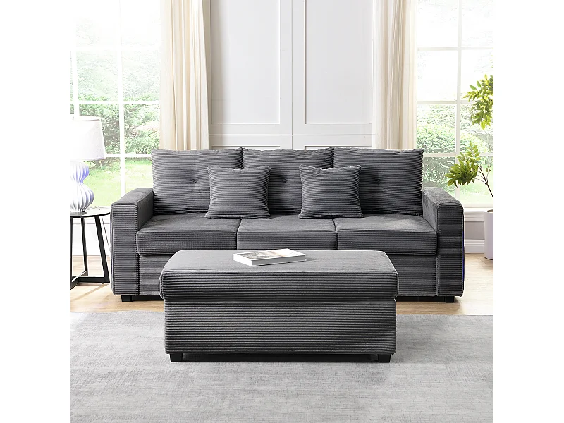 Combinaison de canapé moderne 184x84.5x85.5cm - avec repose-pieds amovible et éclairage LED - avec poches latérales - combinaison libre - Gris