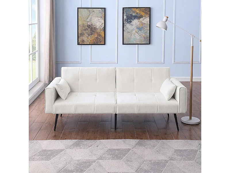 Canapé convertible deux places inclinable en tissu avec dossier réglable futon beige pour salon