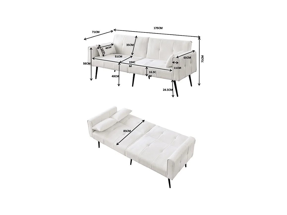 Canapé convertible deux places inclinable en tissu avec dossier réglable futon beige pour salon