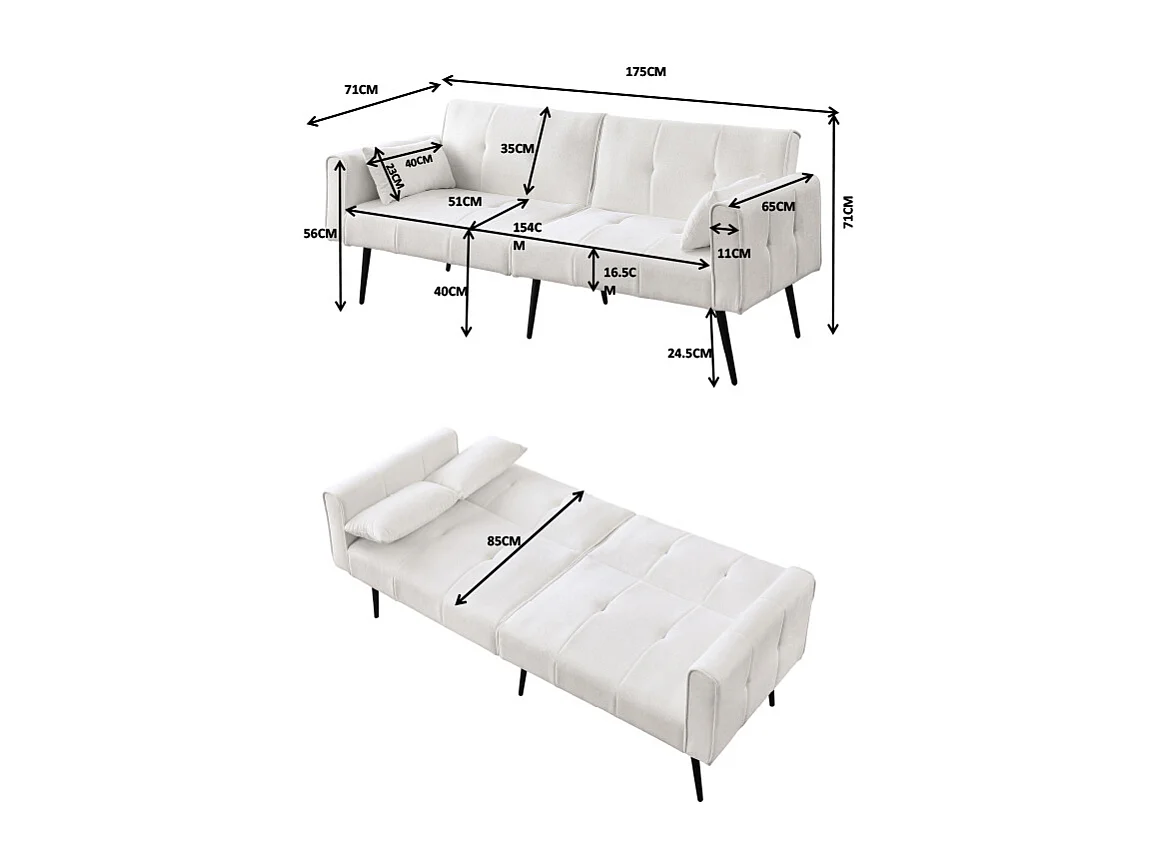 Canapé convertible deux places inclinable en tissu avec dossier réglable futon beige pour salon