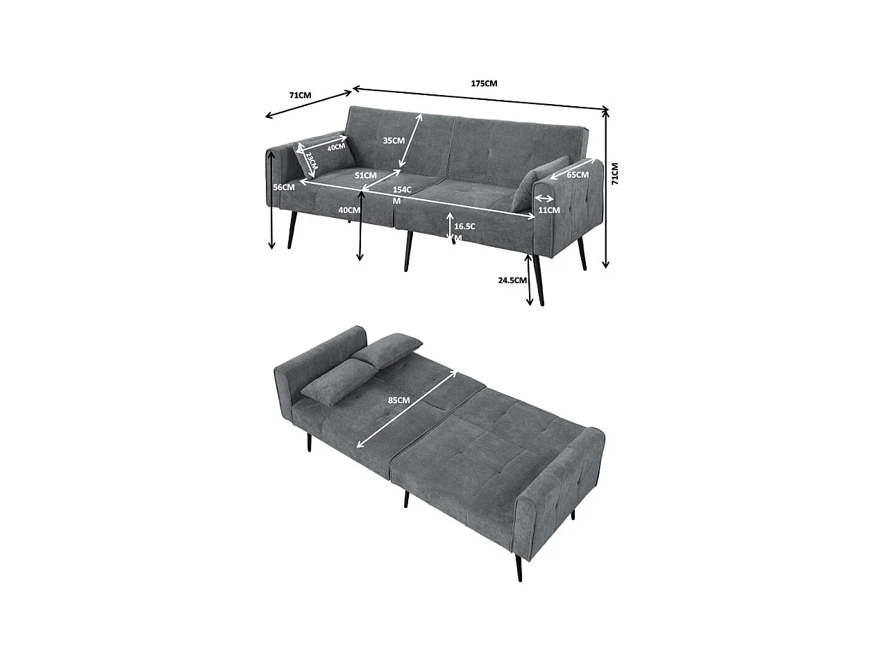 Canapé convertible deux places inclinable en tissu avec dossier réglable futon gris pour salon