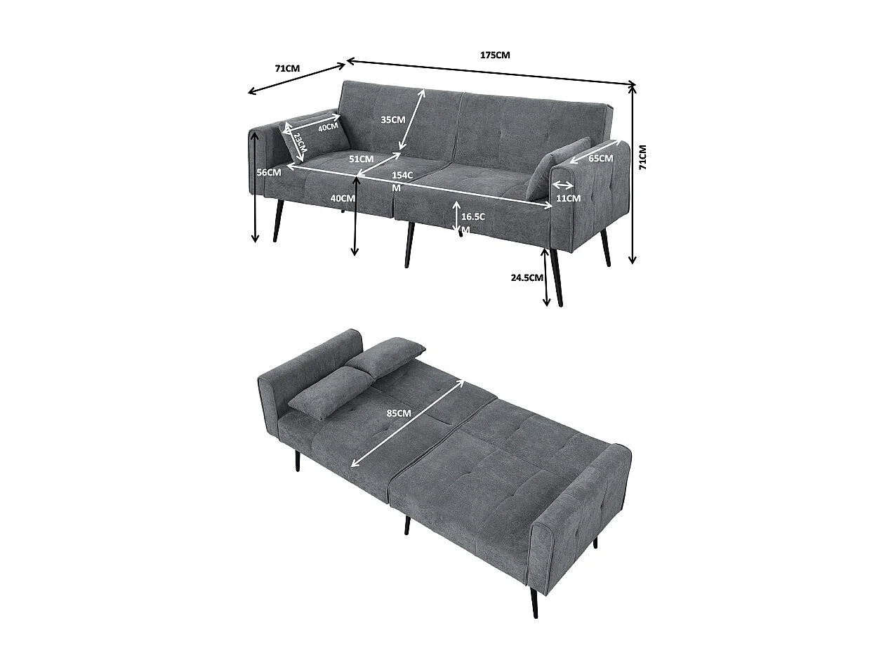 Canapé convertible deux places inclinable en tissu avec dossier réglable futon gris pour salon