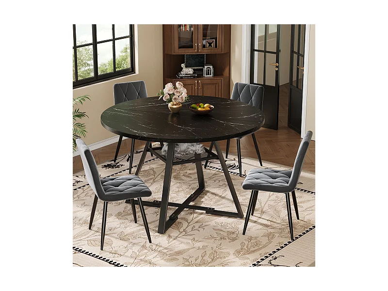 Table à manger ronde - 120 x 120 x 75 cm - table de petit-déjeuner pieds noirs - aspect marbre - MDF + métal - noir