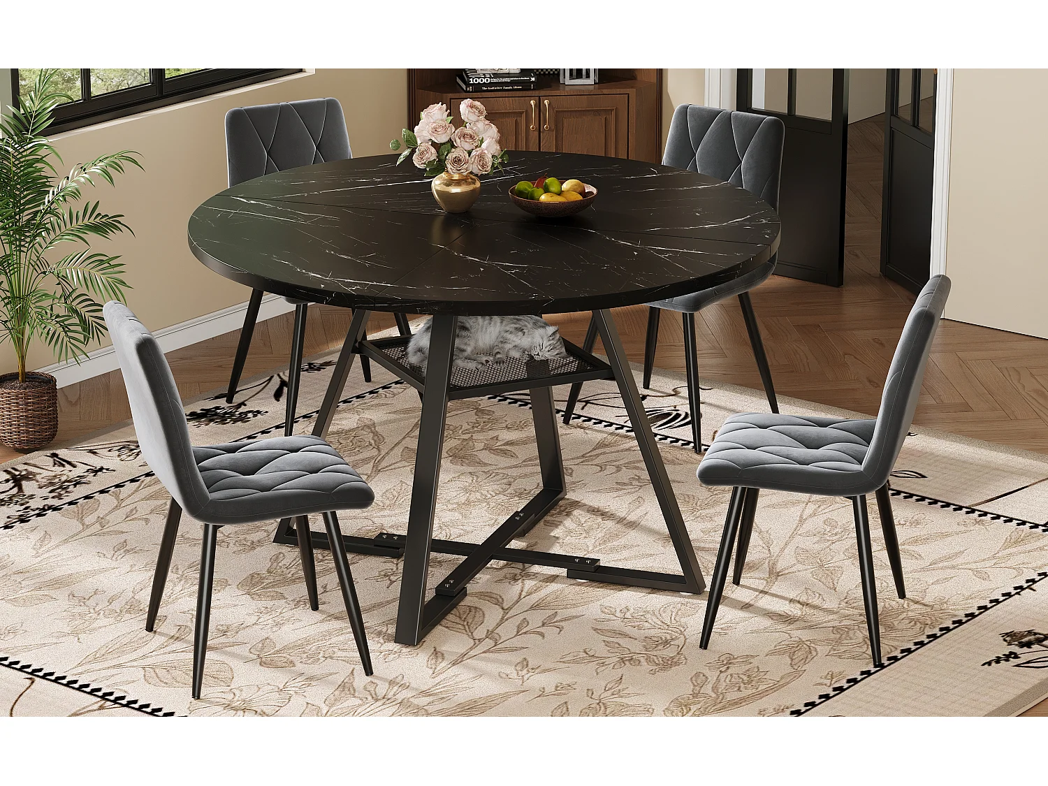 Table à manger ronde - 120 x 120 x 75 cm - table de petit-déjeuner pieds noirs - aspect marbre - MDF + métal - noir