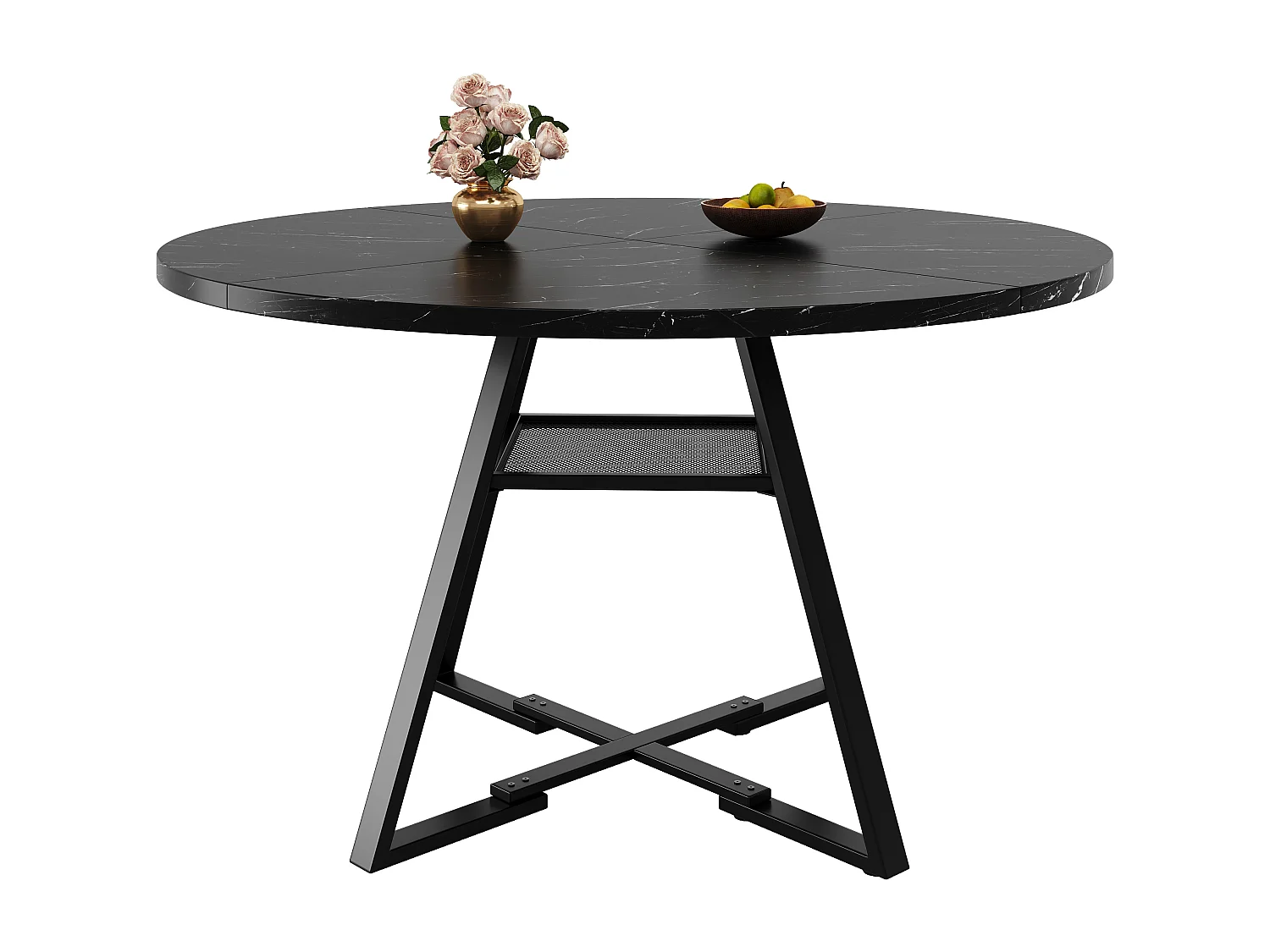 Table à manger ronde - 120 x 120 x 75 cm - table de petit-déjeuner pieds noirs - aspect marbre - MDF + métal - noir