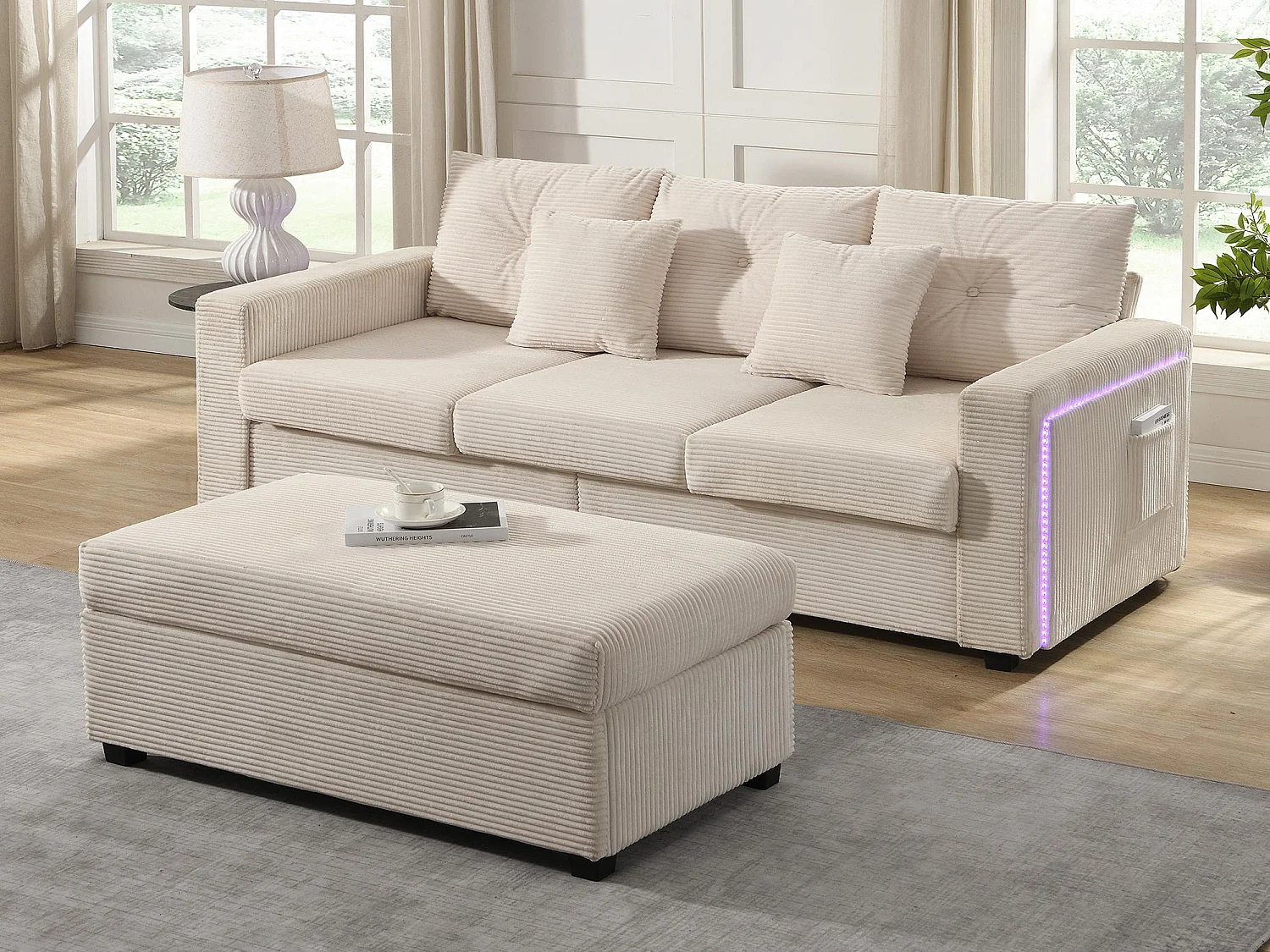 Combinaison de canapé moderne 184x84.5x85.5cm - avec repose-pieds amovible et éclairage LED - avec poches latérales - combinaison libre - Beige