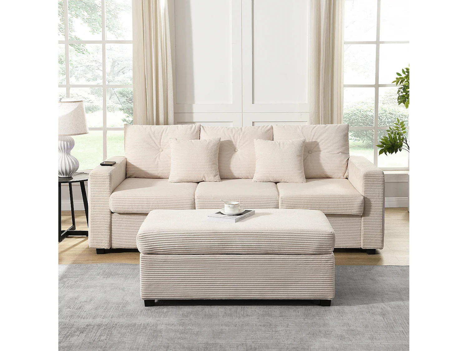 Combinaison de canapé moderne 184x84.5x85.5cm - avec repose-pieds amovible et éclairage LED - avec poches latérales - combinaison libre - Beige