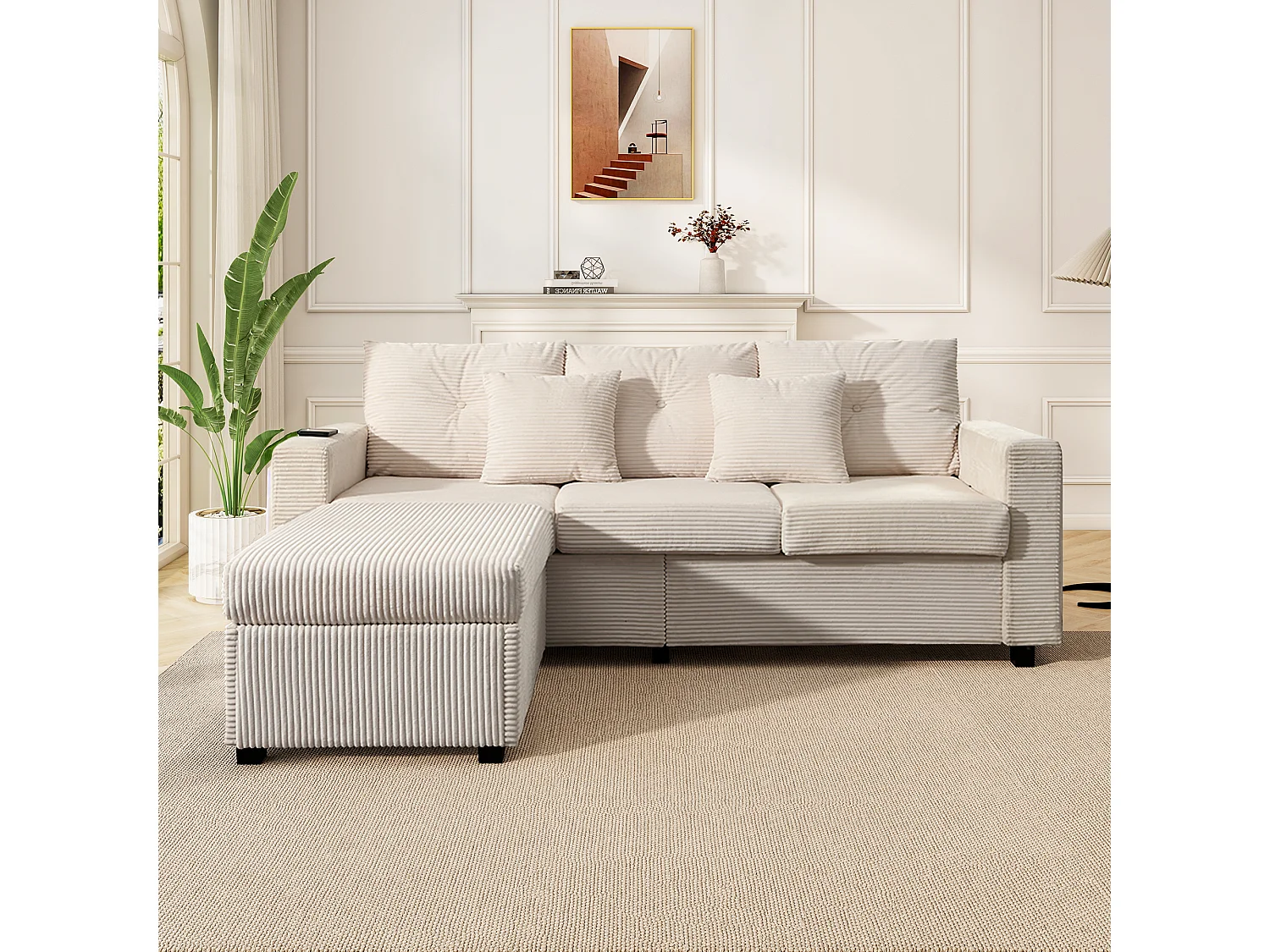 Combinaison de canapé moderne 184x84.5x85.5cm - avec repose-pieds amovible et éclairage LED - avec poches latérales - combinaison libre - Beige