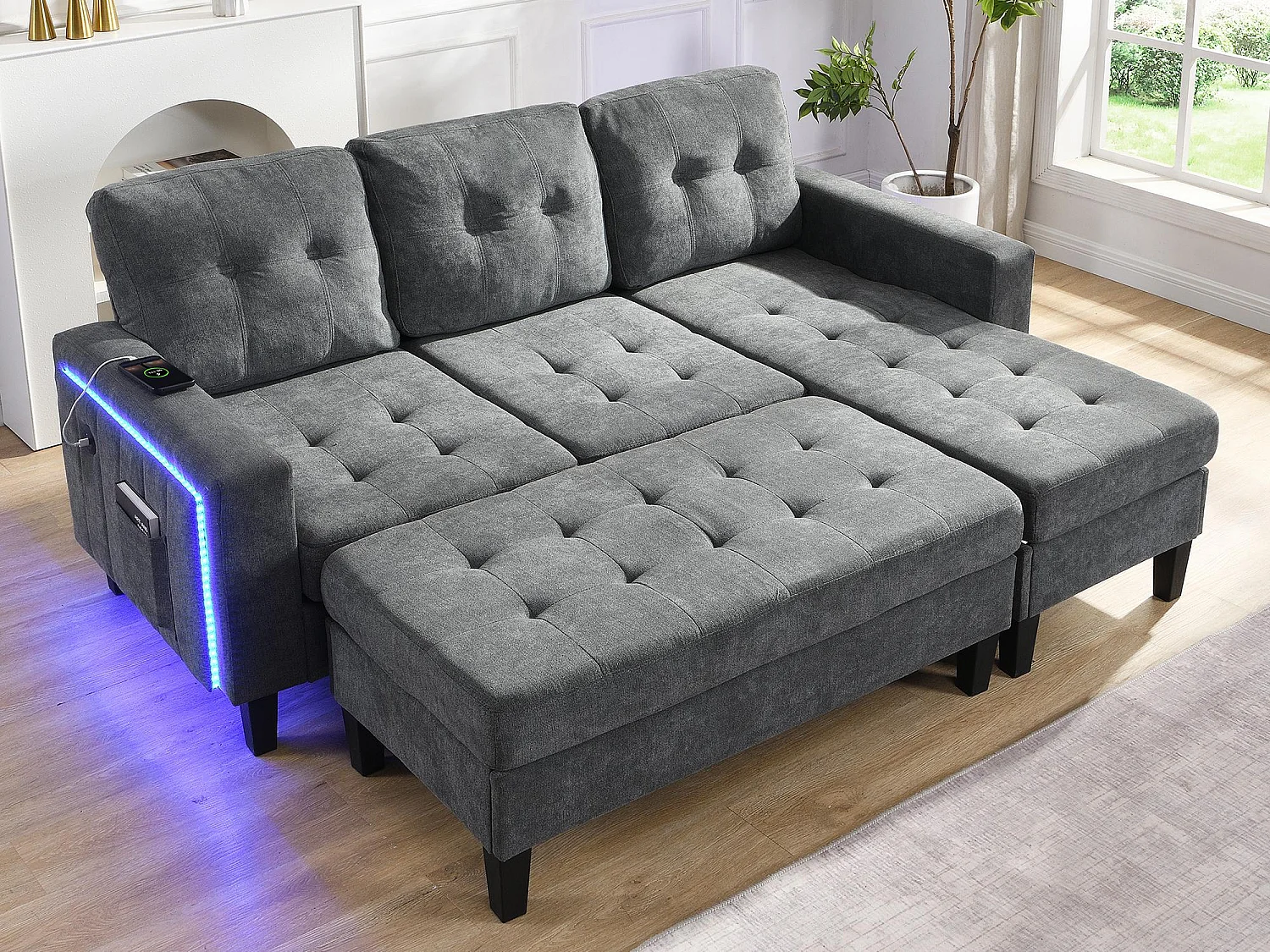 Ensemble de canapé en L 185x135x85cm - avec repose-pieds amovible et éclairage LED - avec USB - combinaison libre - Gris