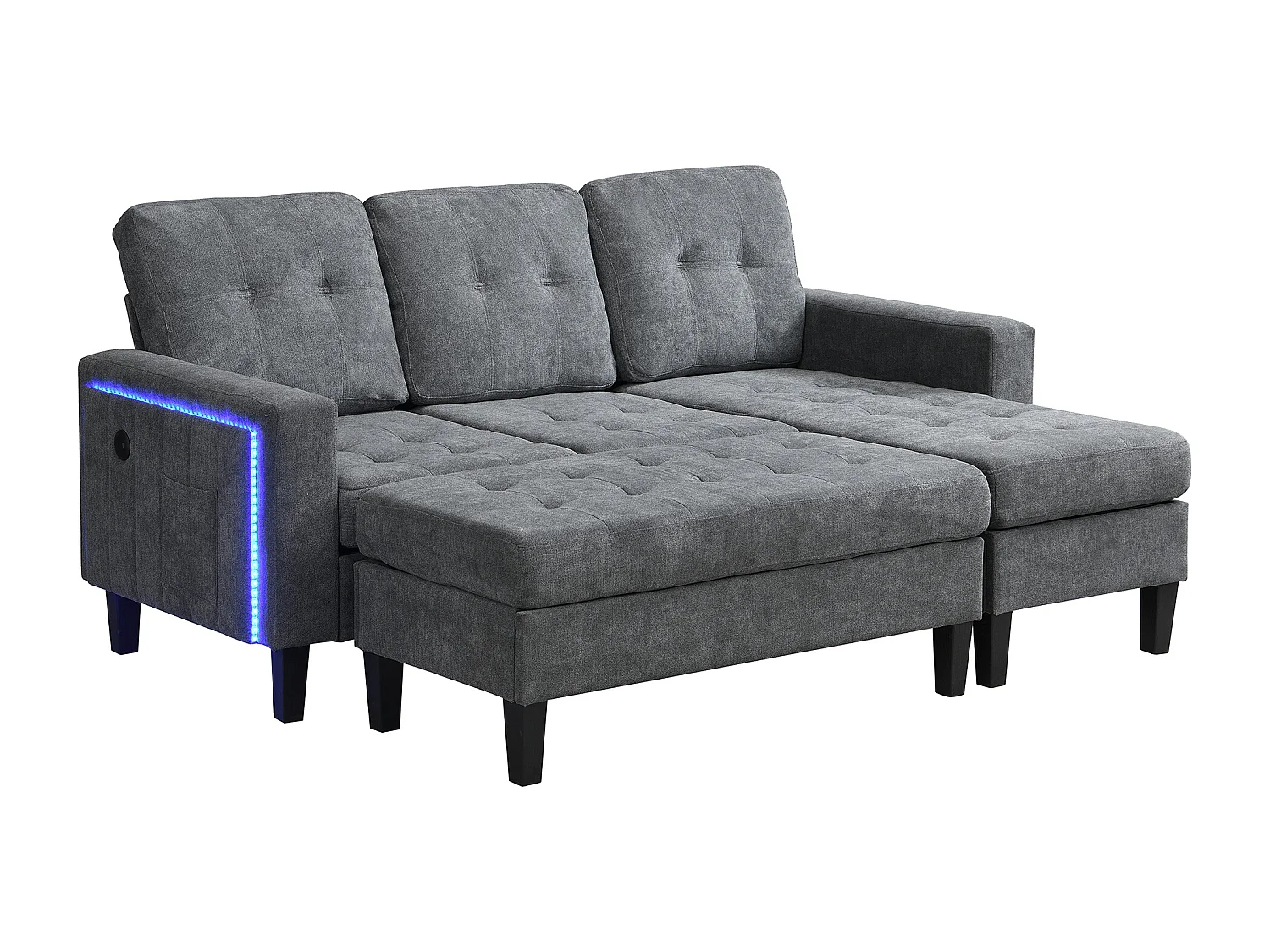 Ensemble de canapé en L 185x135x85cm - avec repose-pieds amovible et éclairage LED - avec USB - combinaison libre - Gris