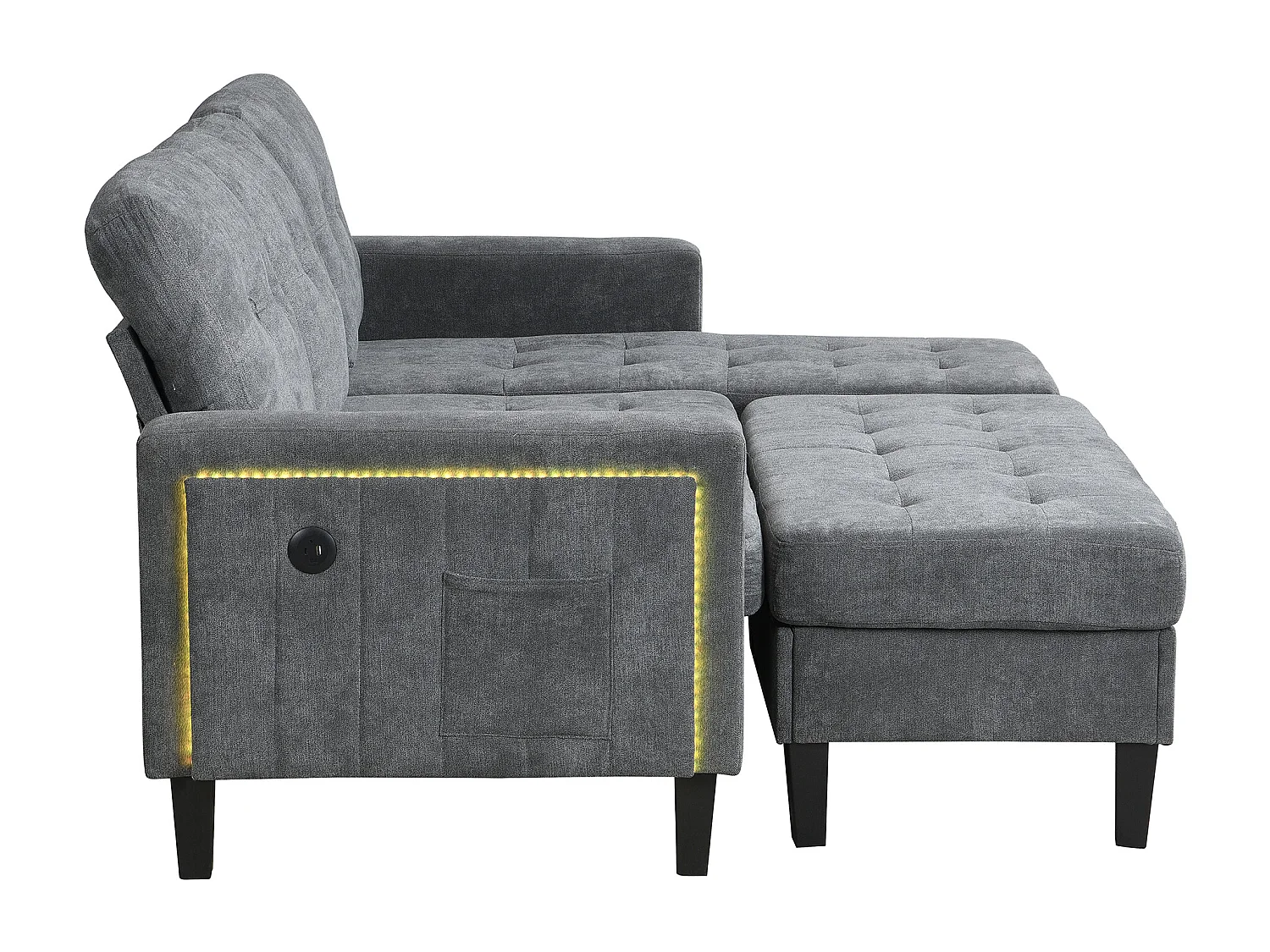 Ensemble de canapé en L 185x135x85cm - avec repose-pieds amovible et éclairage LED - avec USB - combinaison libre - Gris