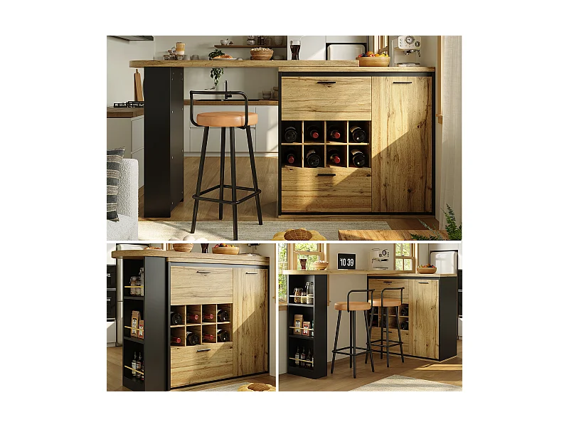 Ausziehbarer Esstisch - 138/220 x 39 x 105 cm - mit 1 Tür + 2 Schubladen - MDF + Metall - natur