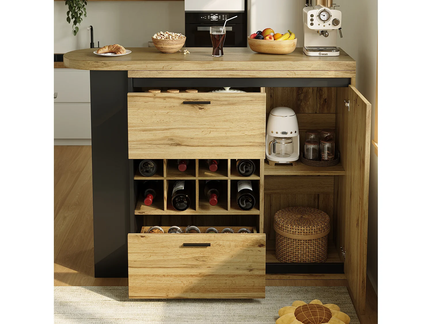 Ausziehbarer Esstisch - 138/220 x 39 x 105 cm - mit 1 Tür + 2 Schubladen - MDF + Metall - natur