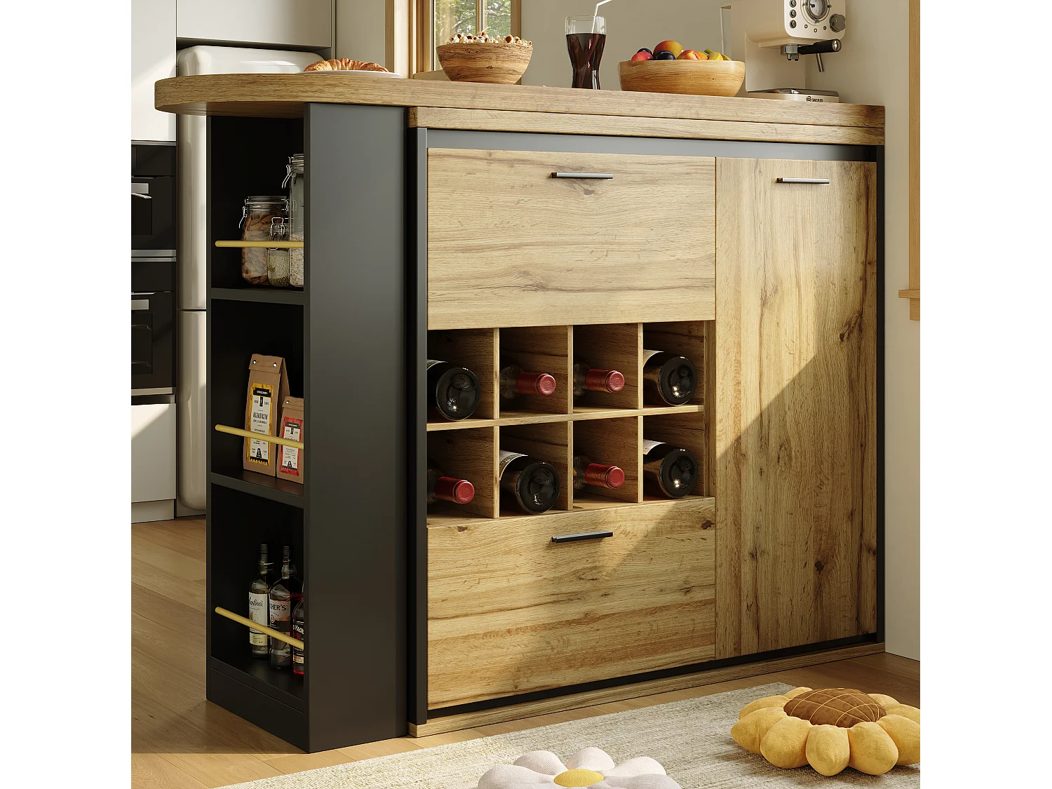 Ausziehbarer Esstisch - 138/220 x 39 x 105 cm - mit 1 Tür + 2 Schubladen - MDF + Metall - natur