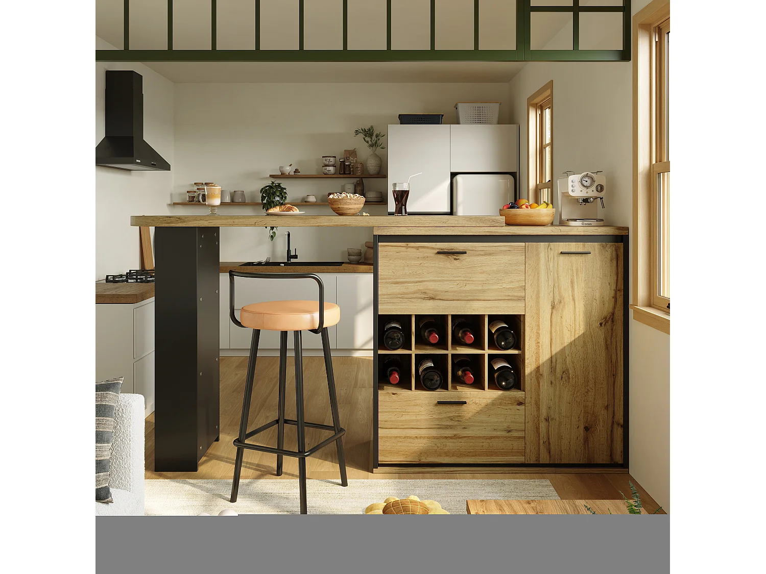 Ausziehbarer Esstisch - 138/220 x 39 x 105 cm - mit 1 Tür + 2 Schubladen - MDF + Metall - natur