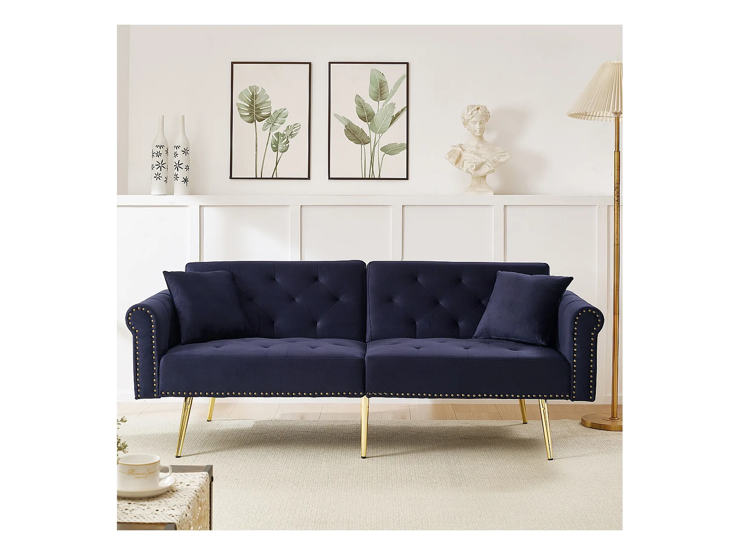 Canapé contemporain 2 places - Velours - Dossier réglable sur 3 niveaux - Bleu antique