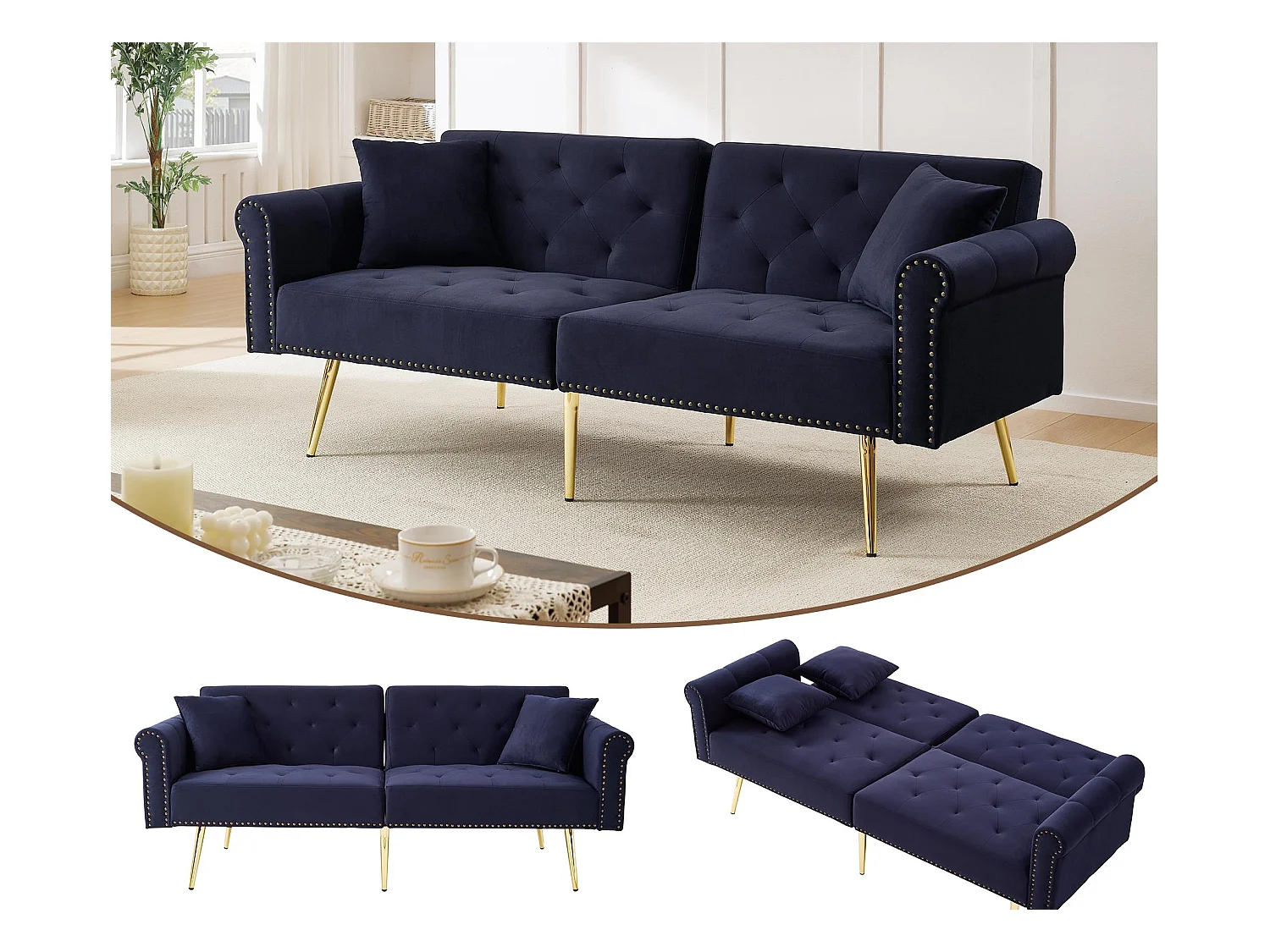 Canapé contemporain 2 places - Velours - Dossier réglable sur 3 niveaux - Bleu antique