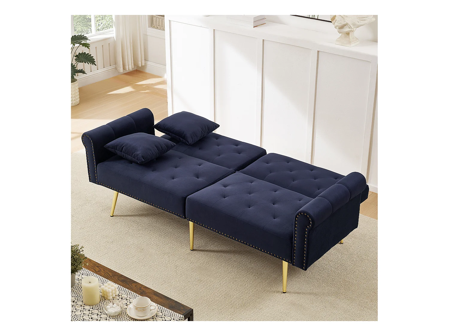 Canapé contemporain 2 places - Velours - Dossier réglable sur 3 niveaux - Bleu antique