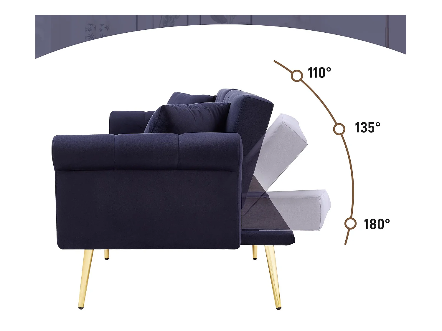 Canapé contemporain 2 places - Velours - Dossier réglable sur 3 niveaux - Bleu antique