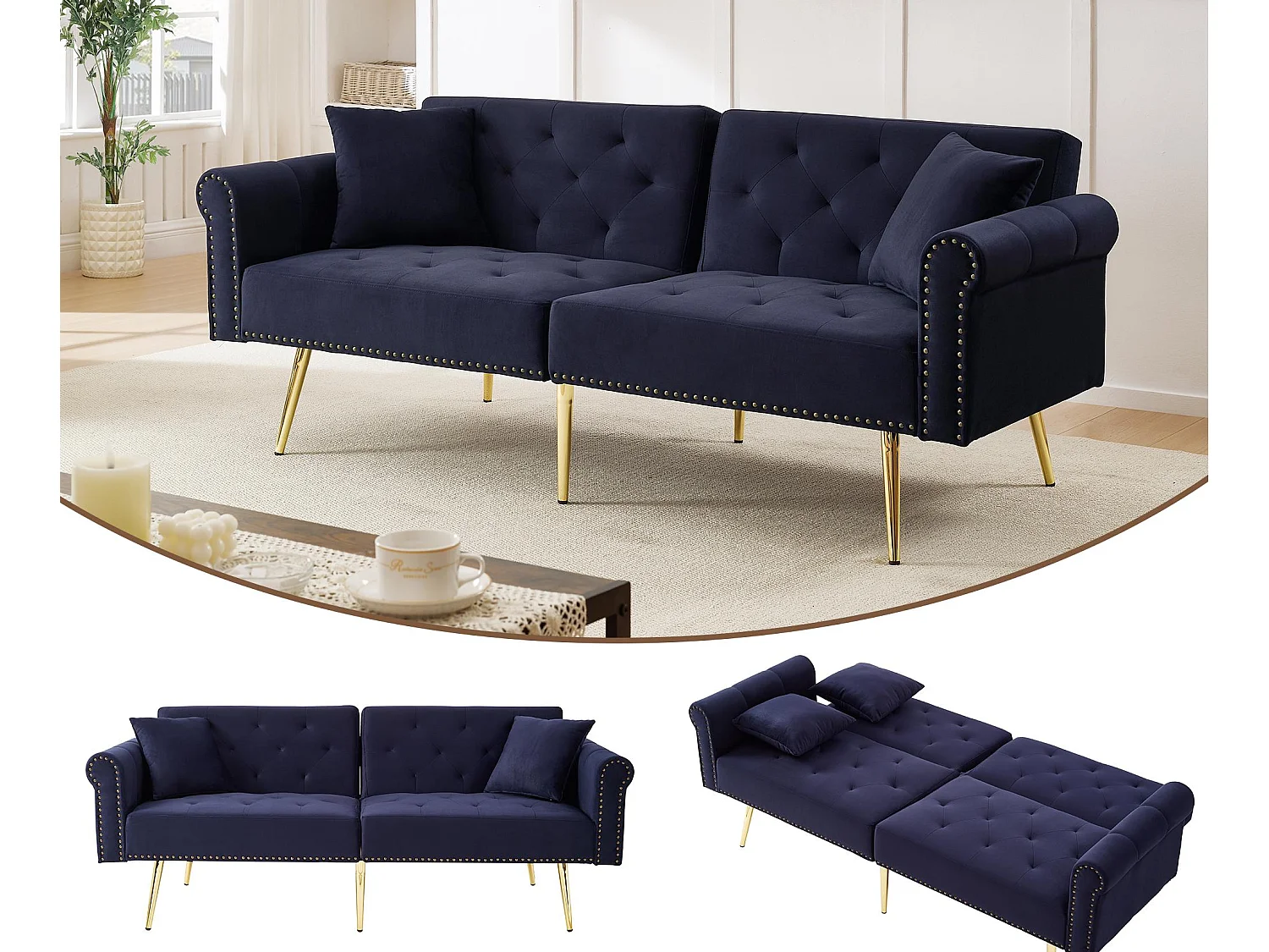 Zeitgenössisches 2-Sitzer Sofa - Samt - In 3 Stufen verstellbare Rückenlehne - ​​Antik Blau​