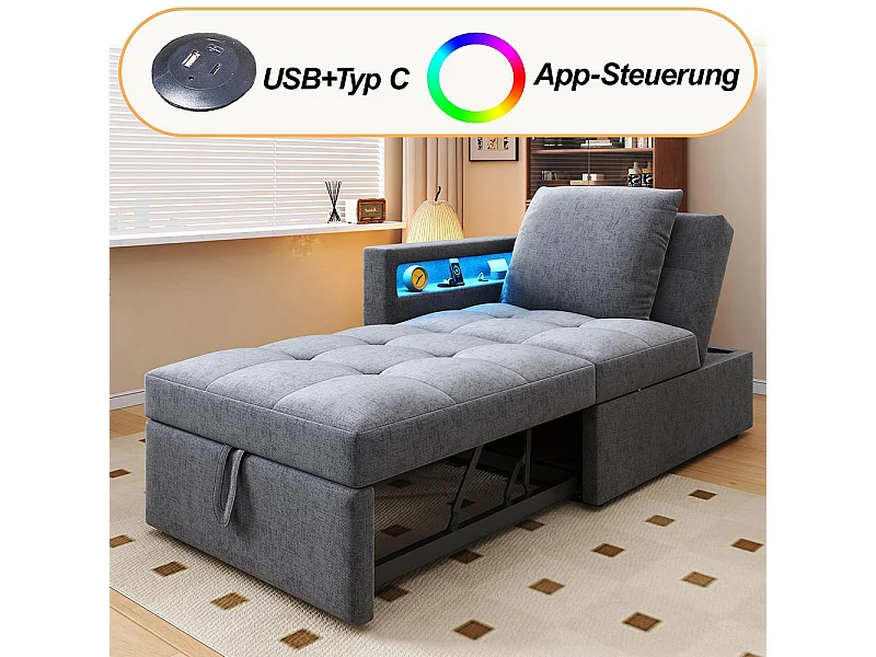 Canapé convertible 3 en 1 rembourré multifonctionnel tissu lin dossier réglable accoudoirs LED ports USB Type C pour petites pièces gris clair