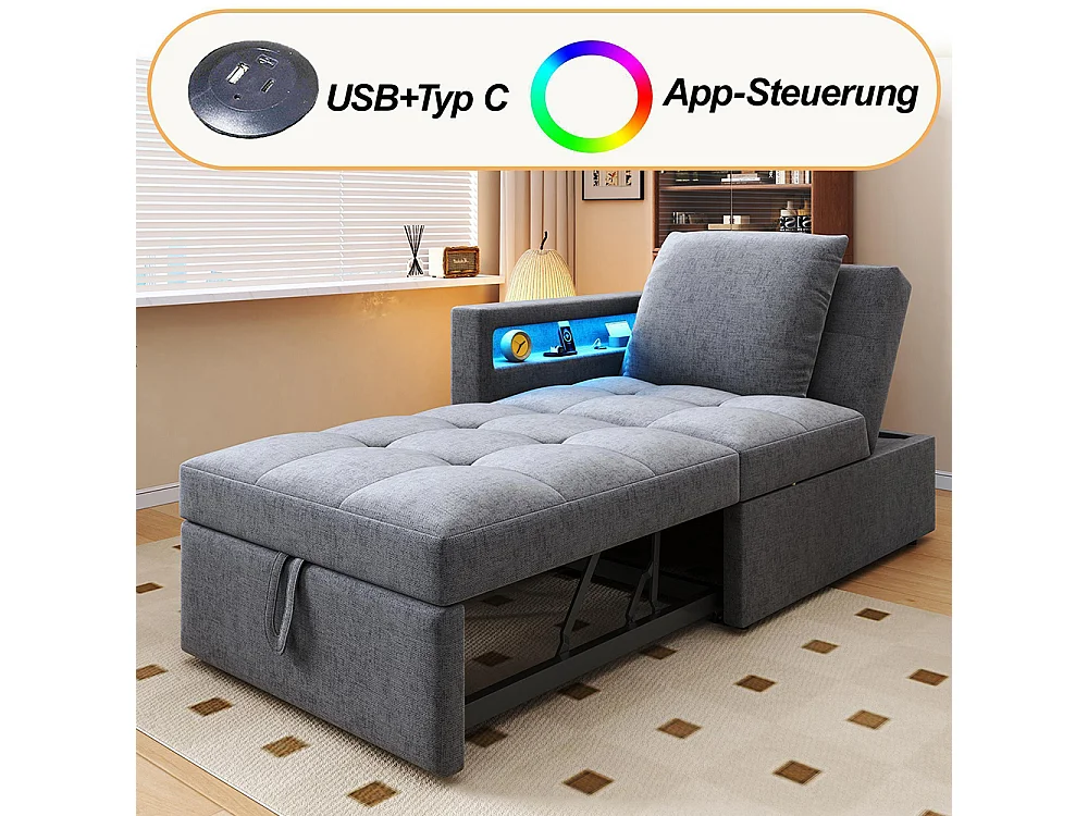 Canapé convertible 3 en 1 rembourré multifonctionnel tissu lin dossier réglable accoudoirs LED ports USB Type C pour petites pièces gris clair