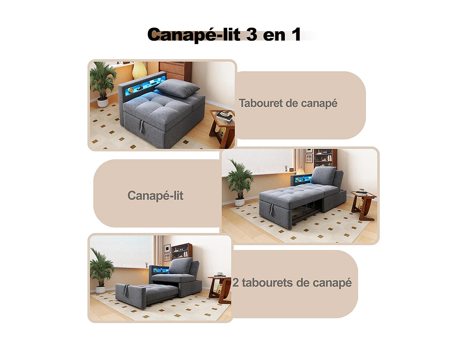 Canapé convertible 3 en 1 rembourré multifonctionnel tissu lin dossier réglable accoudoirs LED ports USB Type C pour petites pièces gris clair
