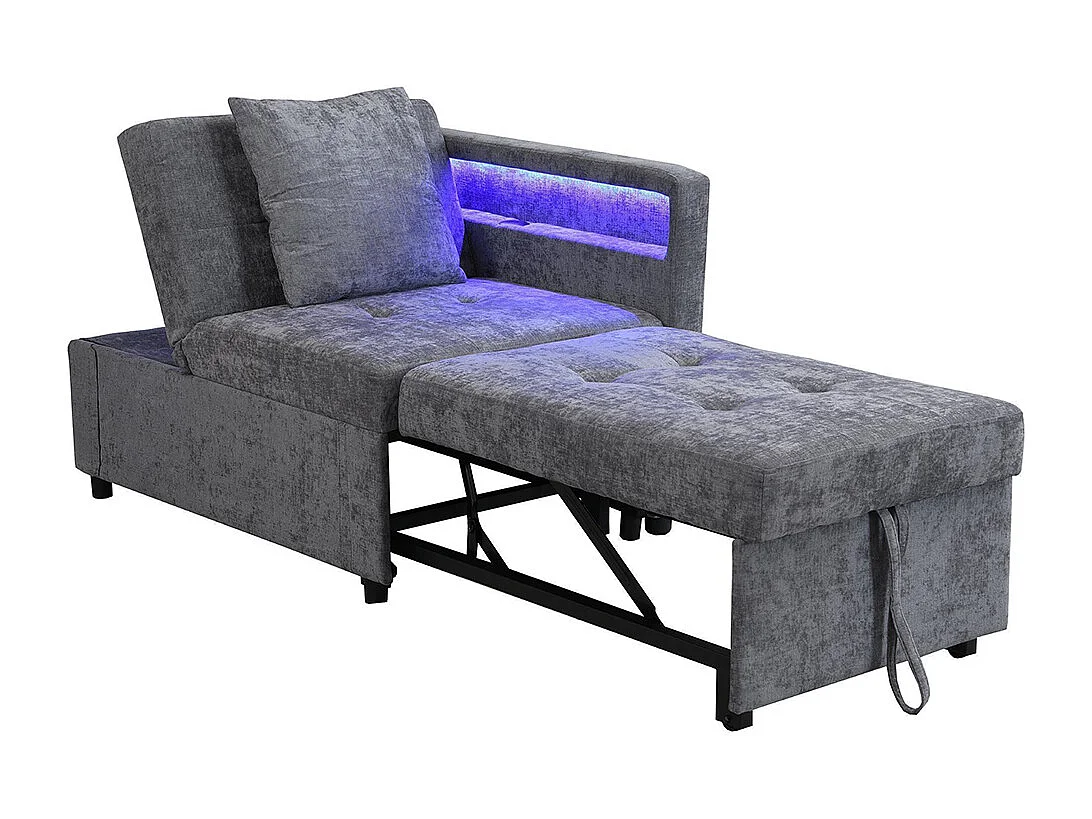 Canapé convertible 3 en 1 rembourré multifonctionnel tissu lin dossier réglable accoudoirs LED ports USB Type C pour petites pièces gris clair