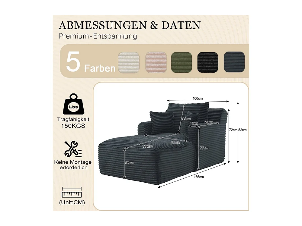 Canapé lit chaise longue moderne velours côtelé confortable fauteuil sans montage salon bureau appartement gris foncé