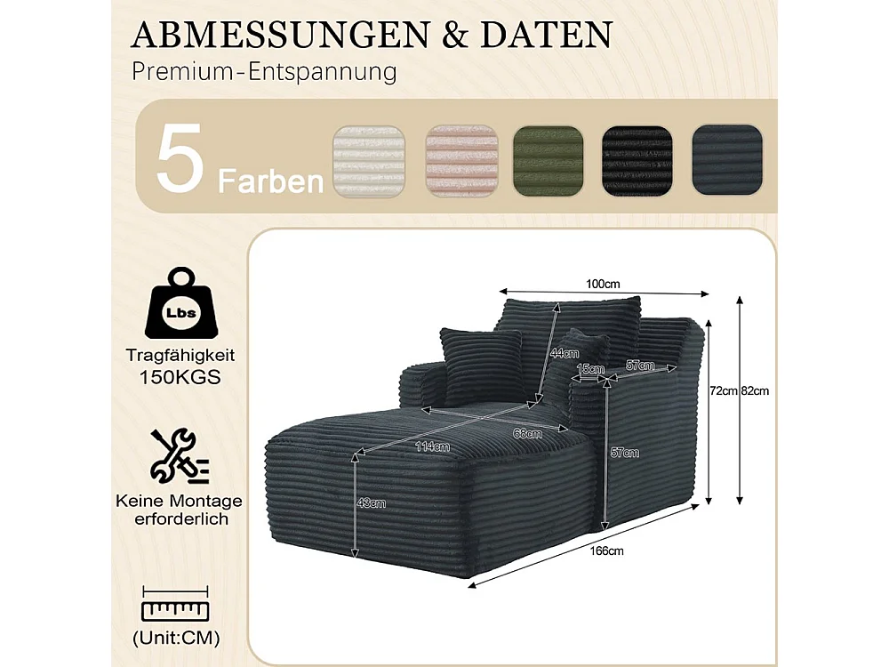 Canapé lit chaise longue moderne velours côtelé confortable fauteuil sans montage salon bureau appartement gris foncé