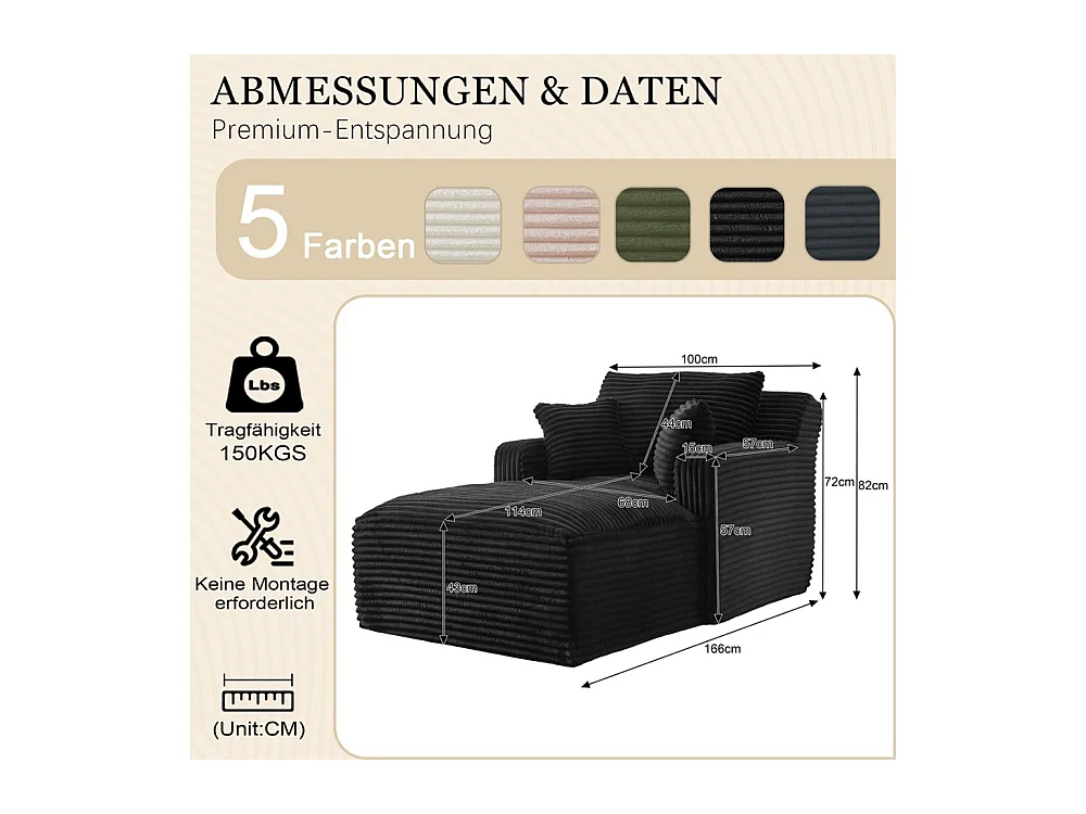 Canapé lit chaise longue moderne velours côtelé confortable fauteuil sans montage salon bureau appartement noir