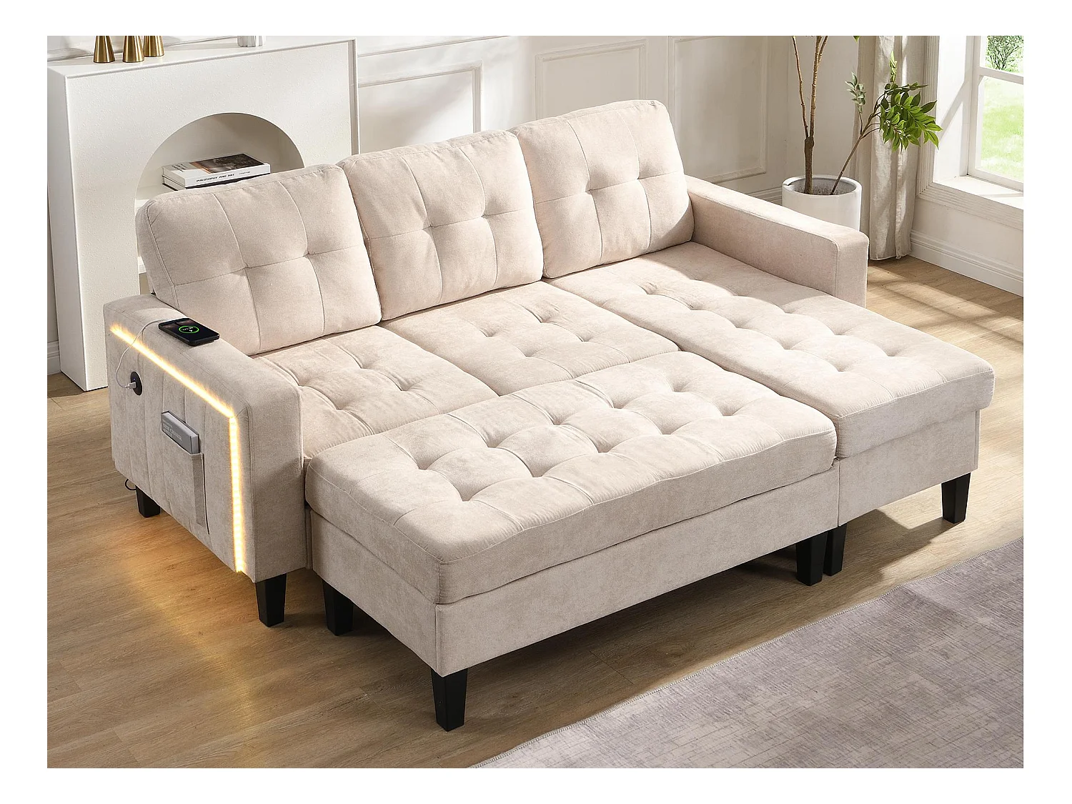 Set divano ad L 185x135x85cm - con poggiapiedi rimovibile e illuminazione LED - con USB - combinazione libera - Beige