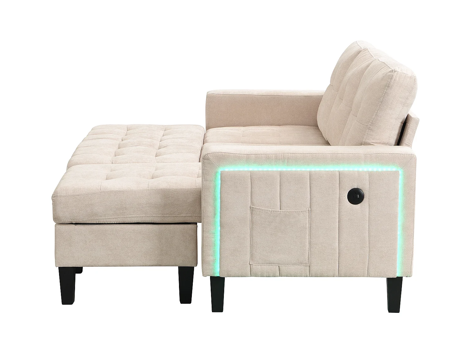 Set divano ad L 185x135x85cm - con poggiapiedi rimovibile e illuminazione LED - con USB - combinazione libera - Beige