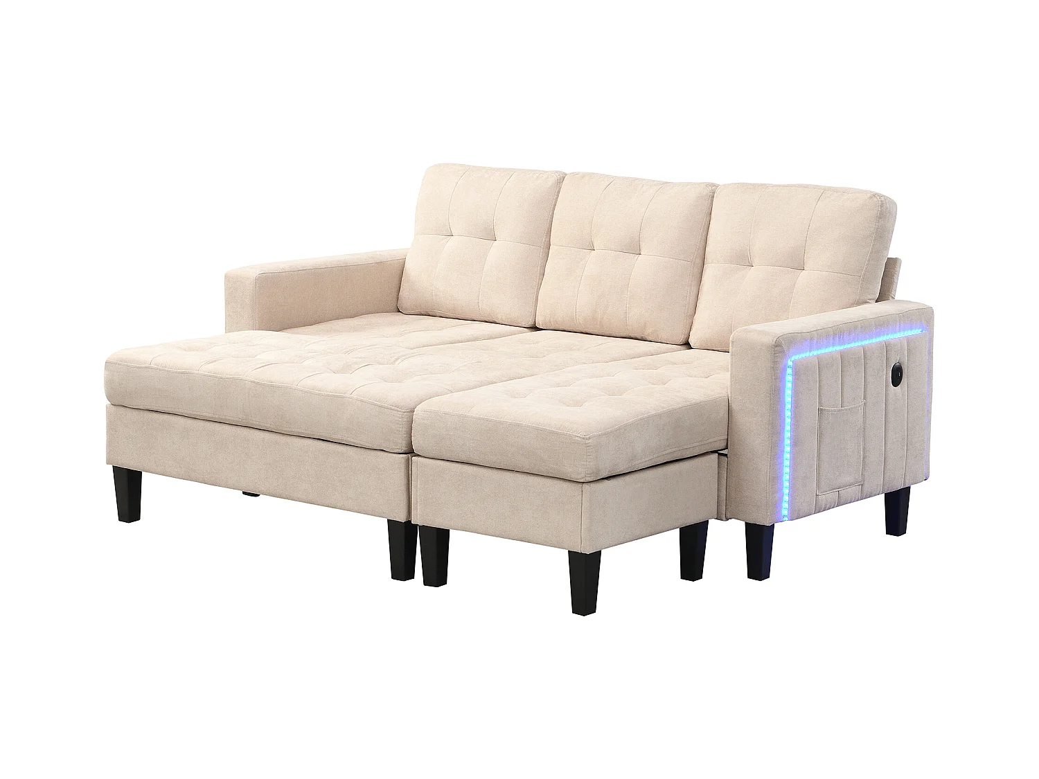 Set divano ad L 185x135x85cm - con poggiapiedi rimovibile e illuminazione LED - con USB - combinazione libera - Beige