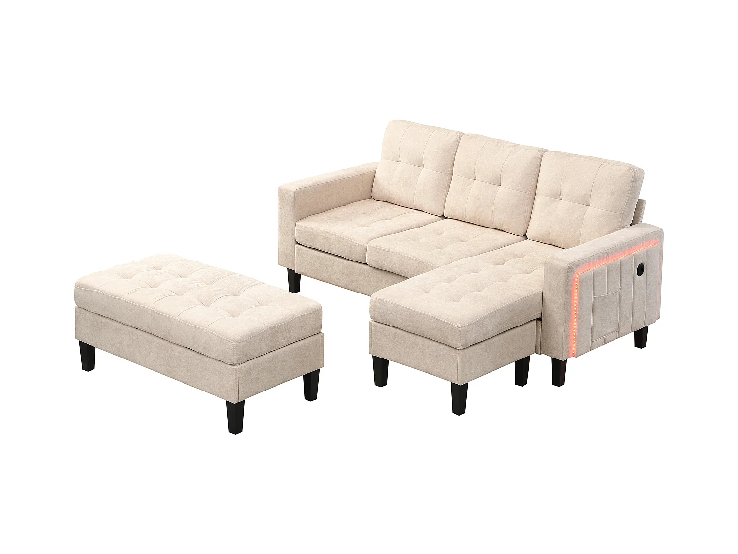Zestaw narożnej kanapy w kształcie L 185x135x85cm - z ruchomym podnóżkiem i oświetleniem LED - z USB - dowolna konfiguracja - ​​Beżowy​