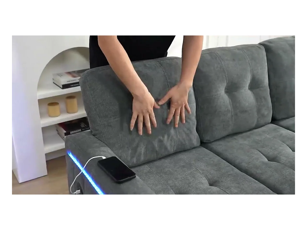 Zestaw narożnej kanapy w kształcie L 185x135x85cm - z ruchomym podnóżkiem i oświetleniem LED - z USB - dowolna konfiguracja - ​​Beżowy​