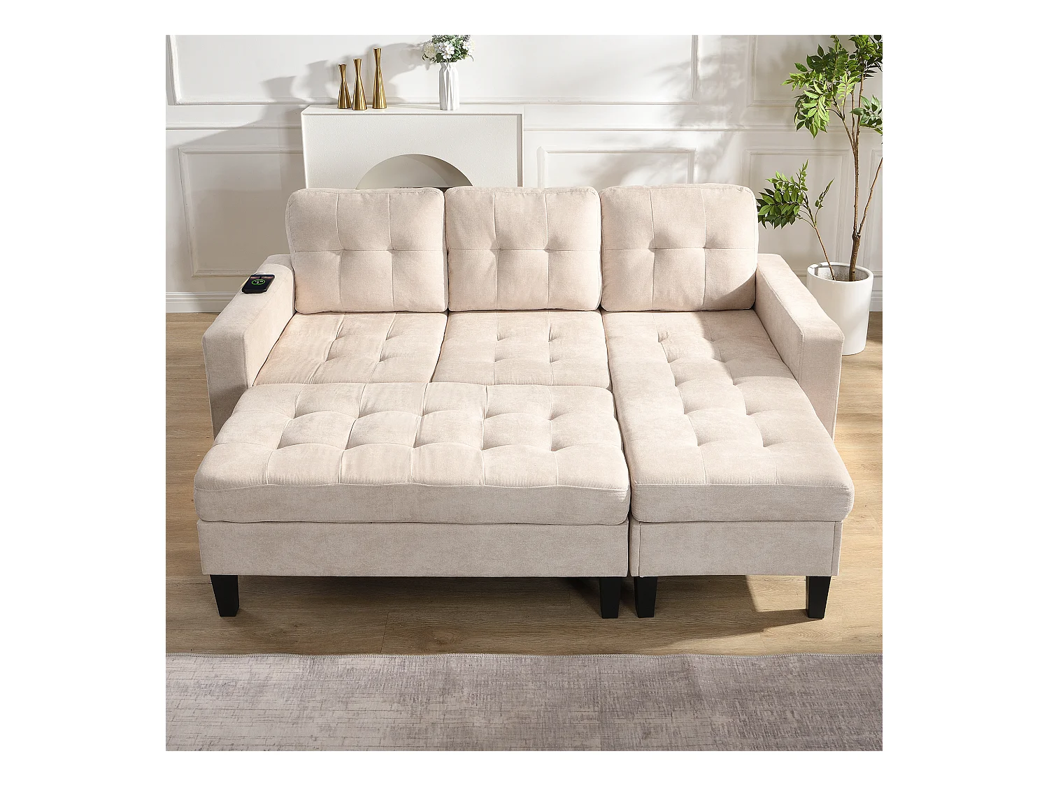 Zestaw narożnej kanapy w kształcie L 185x135x85cm - z ruchomym podnóżkiem i oświetleniem LED - z USB - dowolna konfiguracja - ​​Beżowy​