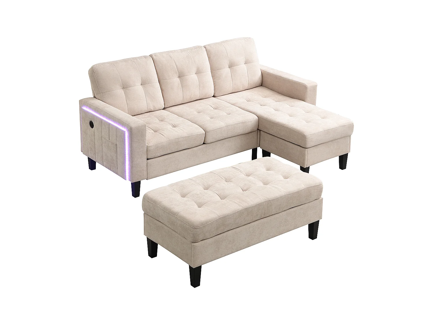 Zestaw narożnej kanapy w kształcie L 185x135x85cm - z ruchomym podnóżkiem i oświetleniem LED - z USB - dowolna konfiguracja - ​​Beżowy​