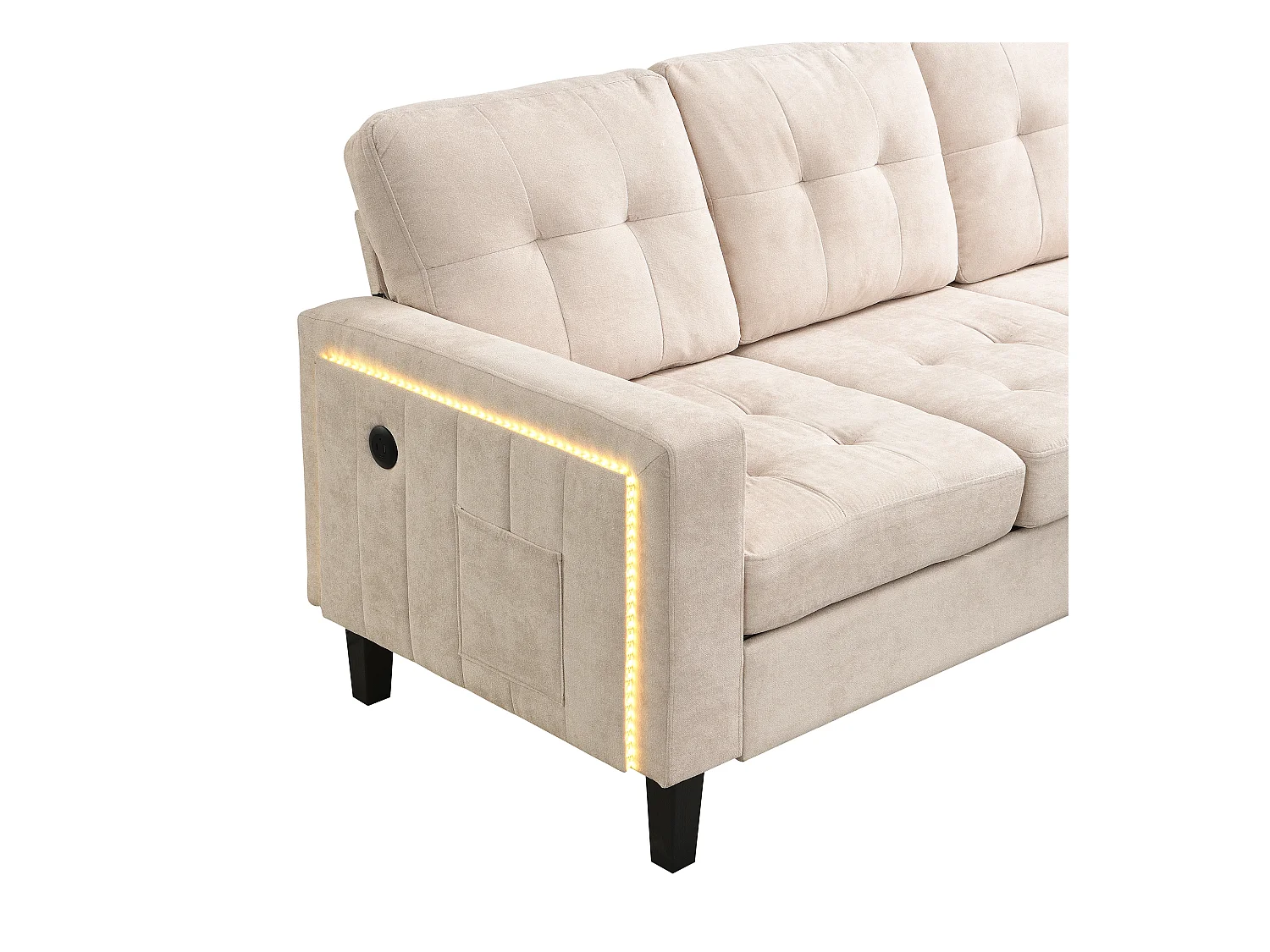 Zestaw narożnej kanapy w kształcie L 185x135x85cm - z ruchomym podnóżkiem i oświetleniem LED - z USB - dowolna konfiguracja - ​​Beżowy​