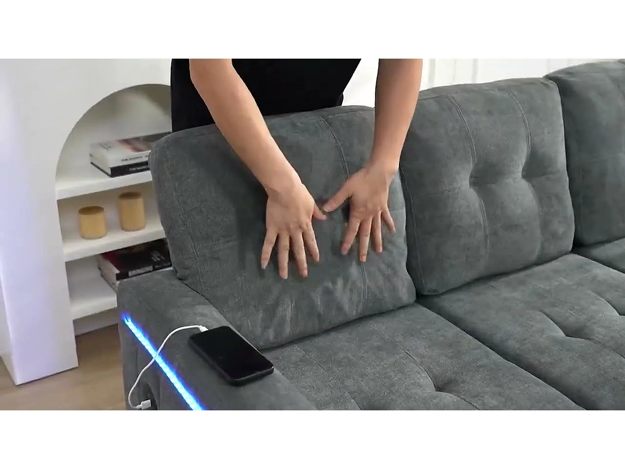 L-Form Sofa-Kombination 185x135x85cm - mit abnehmbarer Fußstütze und LED-Beleuchtung - mit USB - freie Kombination - ​​Beige​