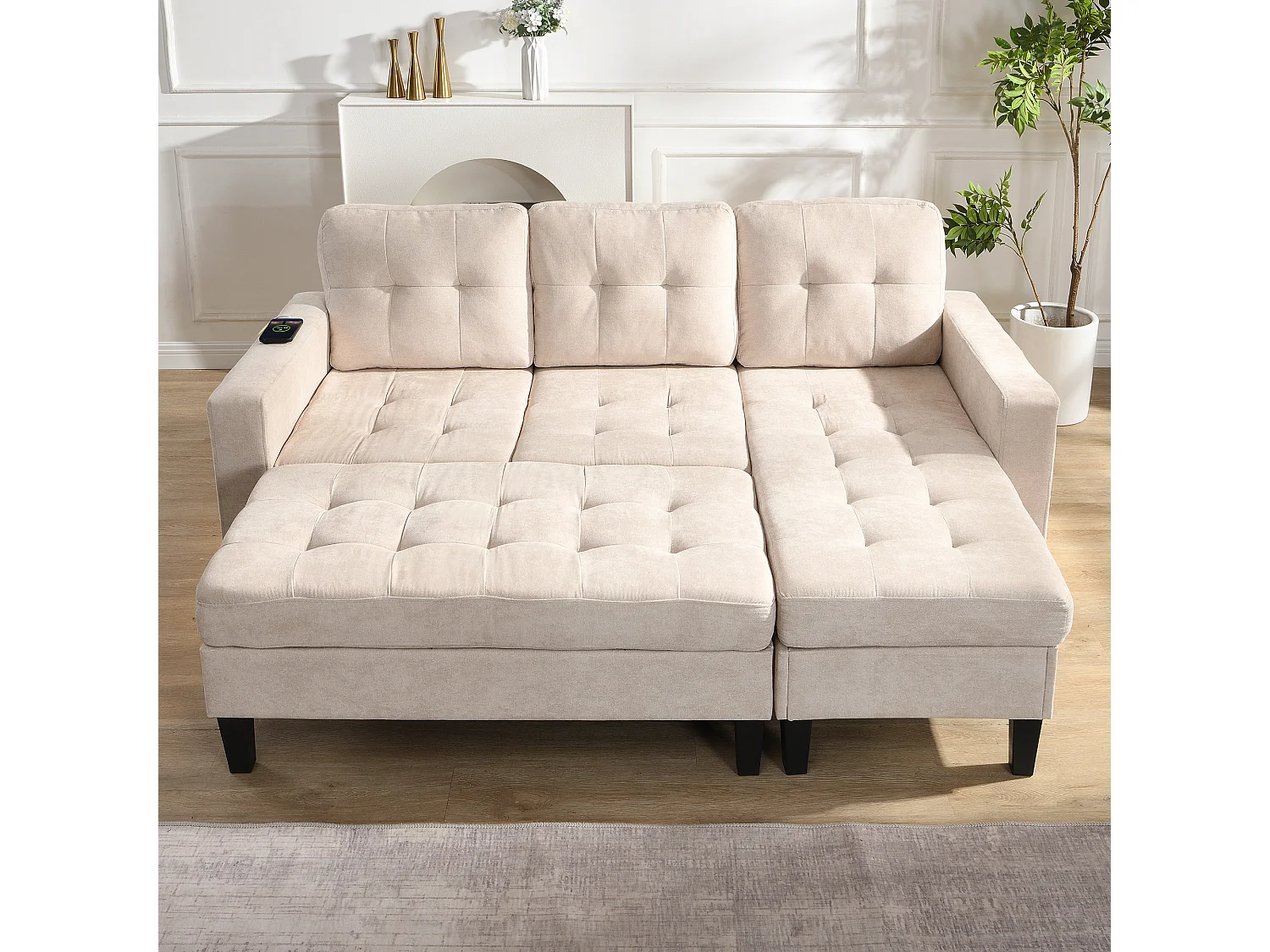 L-Form Sofa-Kombination 185x135x85cm - mit abnehmbarer Fußstütze und LED-Beleuchtung - mit USB - freie Kombination - ​​Beige​