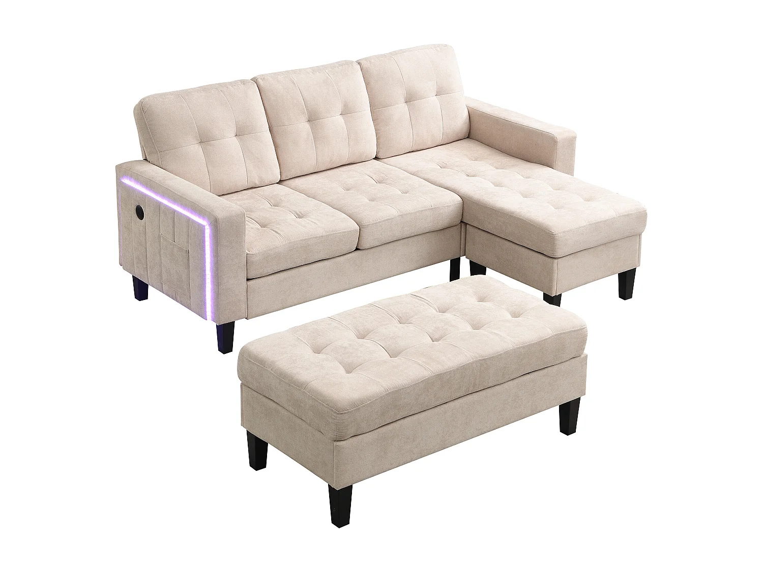 L-Form Sofa-Kombination 185x135x85cm - mit abnehmbarer Fußstütze und LED-Beleuchtung - mit USB - freie Kombination - ​​Beige​