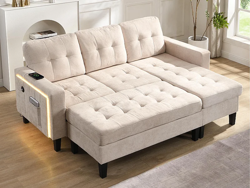 L-Form Sofa-Kombination 185x135x85cm - mit abnehmbarer Fußstütze und LED-Beleuchtung - mit USB - freie Kombination - ​​Beige​