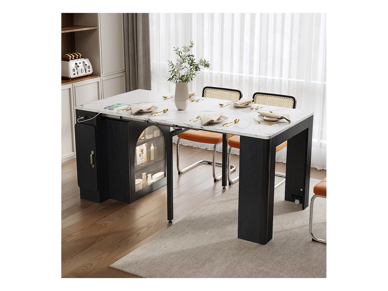 Table à manger extensible avec plateau amovible - 83 x 39.6/79.6/149.6 x 77 cm - avec rangement - MDF + verre - noir + blanc