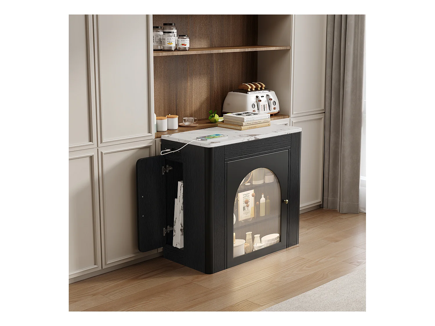 Table à manger extensible avec plateau amovible - 83 x 39.6/79.6/149.6 x 77 cm - avec rangement - MDF + verre - noir + blanc