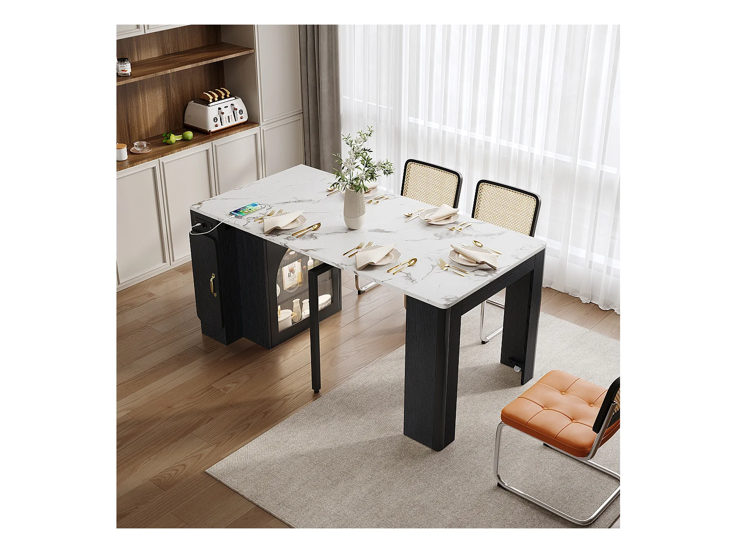 Table à manger extensible avec plateau amovible - 83 x 39.6/79.6/149.6 x 77 cm - avec rangement - MDF + verre - noir + blanc