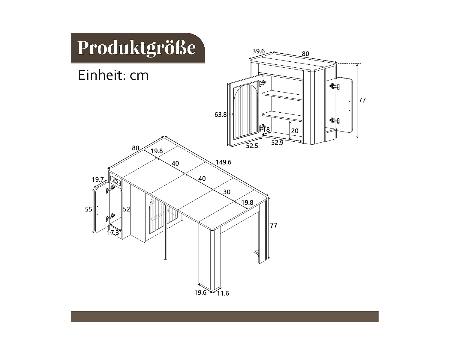 Table à manger extensible avec plateau amovible - 83 x 39.6/79.6/149.6 x 77 cm - avec rangement - MDF + verre - noir + blanc